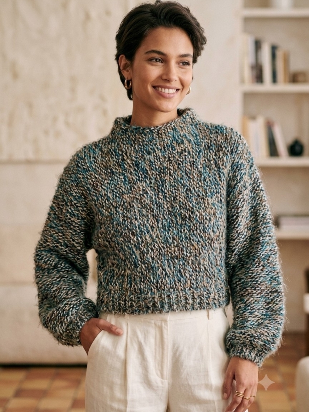 Multicolor Cozy Knit Cropped Sweater - Women's